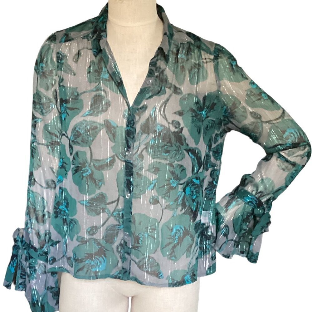 Nordstrom BP Sheer Button-Up Blouse Tie Bell Sleeves S Teal & Gray Metallic 129Q